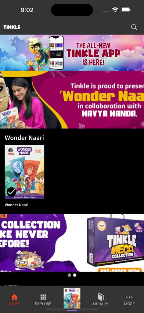 Home screen of the Tinkle Comics app featuring the Wonder Naari comic and a mega collection banner.