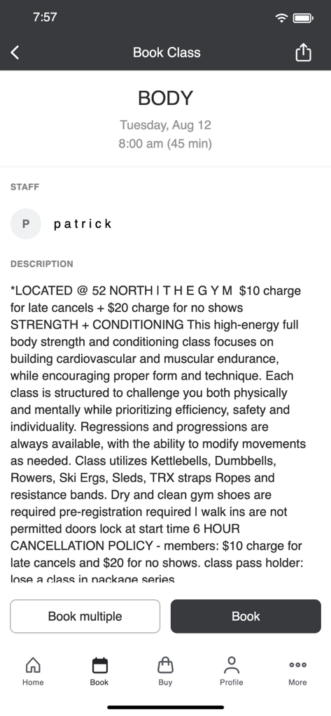 Booking details screen for a strength and conditioning class in the ANATOMIE app