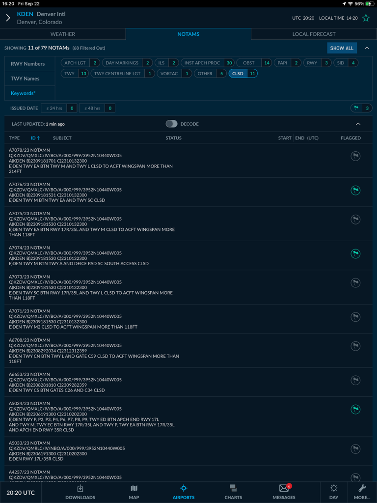WSI Pilotbrief Optima - WSI Pilotbrief Optima NOTAMs interface for Denver International Airport on iPad