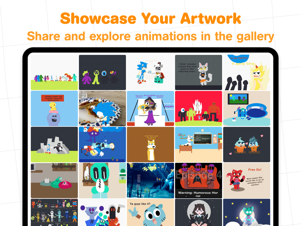 Pilo Animation Kit - A grid of colorful user-created animations and character drawings in the Pilo Animation Kit gallery on an iPad.