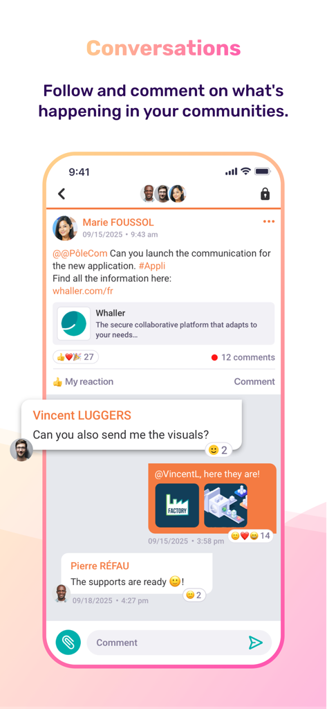 L'interface de l'application Whaller affiche un fil de discussion communautaire sécurisé avec des messages et les réactions de l'équipe.