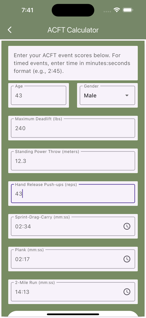 Army Fitness - ACFT score calculator screen in the Army Fitness app showing input fields for military fitness tests