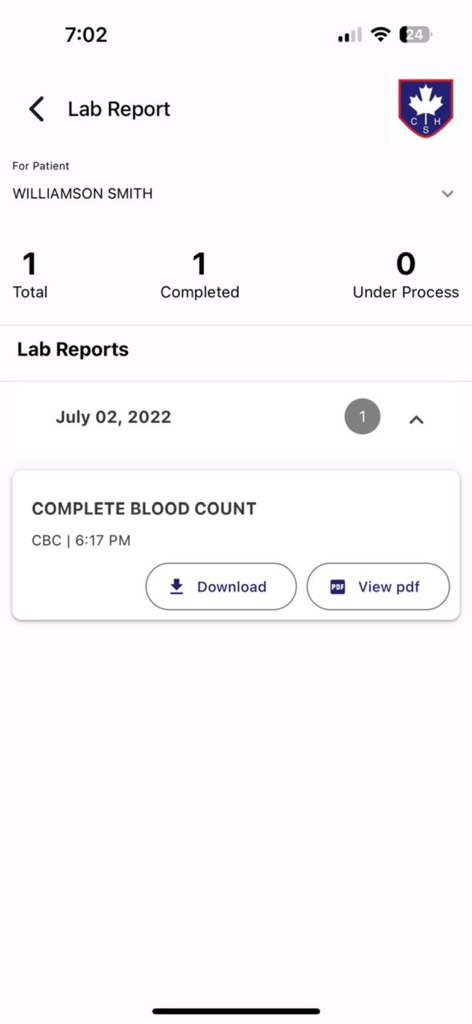 Seção de relatórios de exames do aplicativo Canadian Specialist Hospital exibindo um resultado de hemograma completo