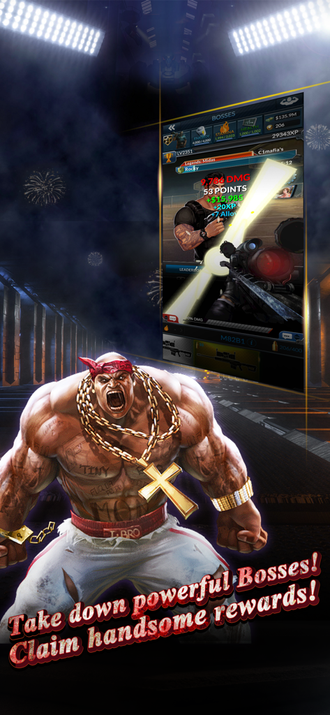 Underworld Empire - Underworld Empire game screenshot showing a muscular character and rewards from a boss fight