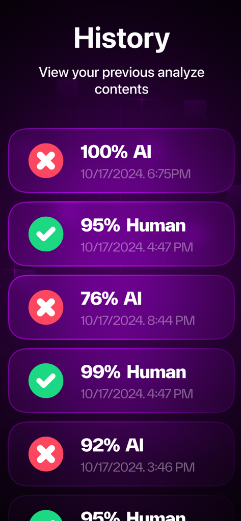 Pantalla de historial de la aplicación AI Detector mostrando una lista de resultados de análisis de contenido pasados con porcentajes de IA y humano