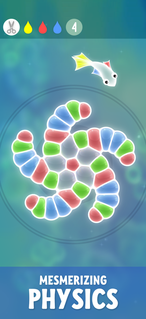 A cluster of colorful soap bubbles in a spiral shape with a tiny white fish on a blue background.