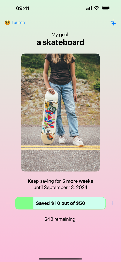 I Am Saving - I Am Saving app interface showing a child's goal for a skateboard with a progress tracker and timeline