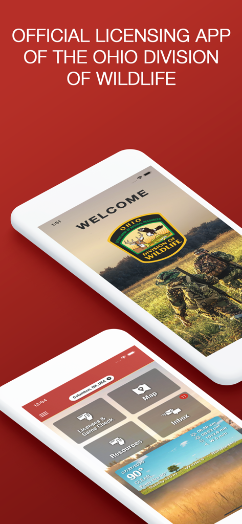 HuntFish OH - Official HuntFish OH mobile app displaying the dashboard with licensing maps and weather info
