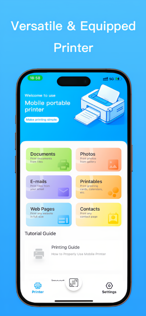 Smart Printer - Print & Scan - Smartphone screen showing the Smart Printer app dashboard with options for printing documents photos and emails