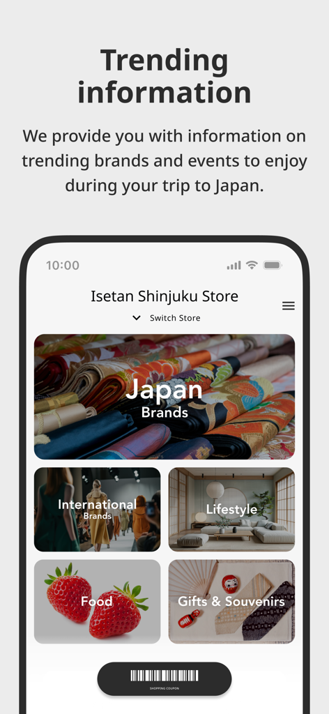 The MITSUKOSHI ISETAN JAPAN app screen showing trending shopping categories including Japanese brands lifestyle and food