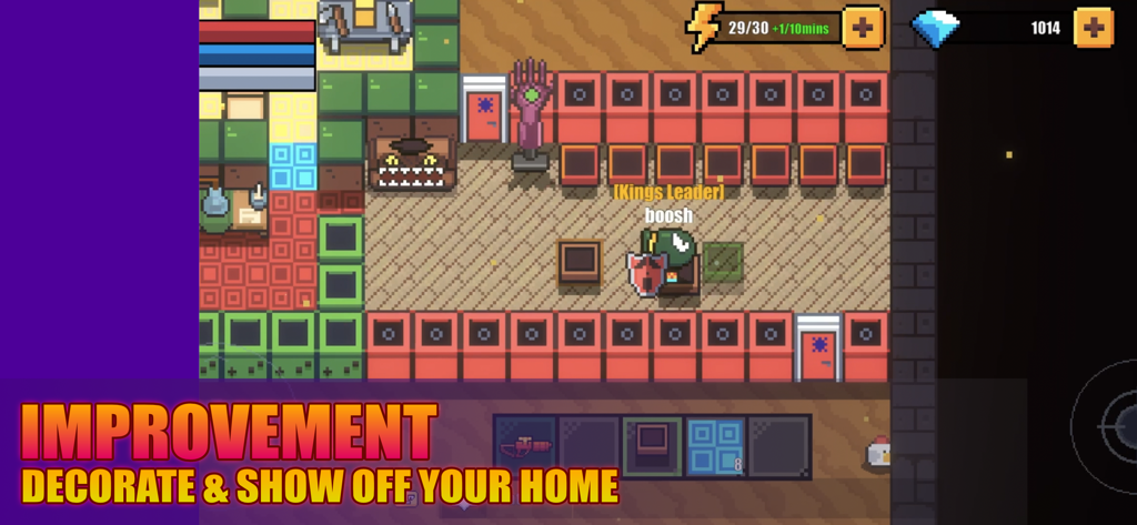 Interno pixel art che mostra la decorazione della casa e la funzione di costruzione della base in Shooting Survival