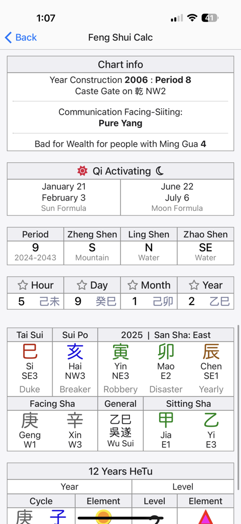 Screen showing advanced Feng Shui formulas including Qi Activating and Flying Stars data