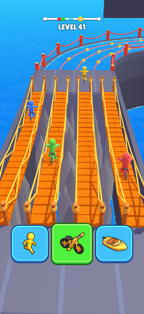Characters racing on bicycles across wooden rope bridges in Wheels Change Challenge mobile game