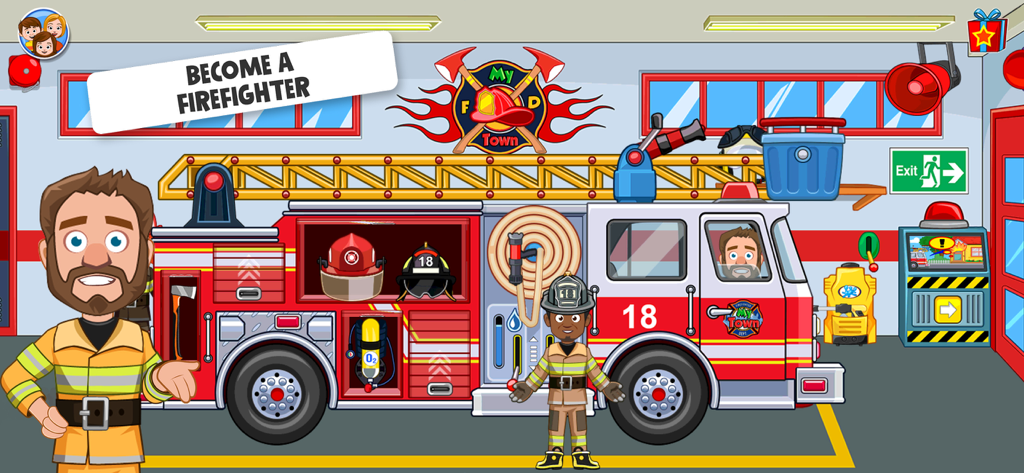 A fire truck and firefighter characters in a fire station garage from the My Town Fire Station Rescue game