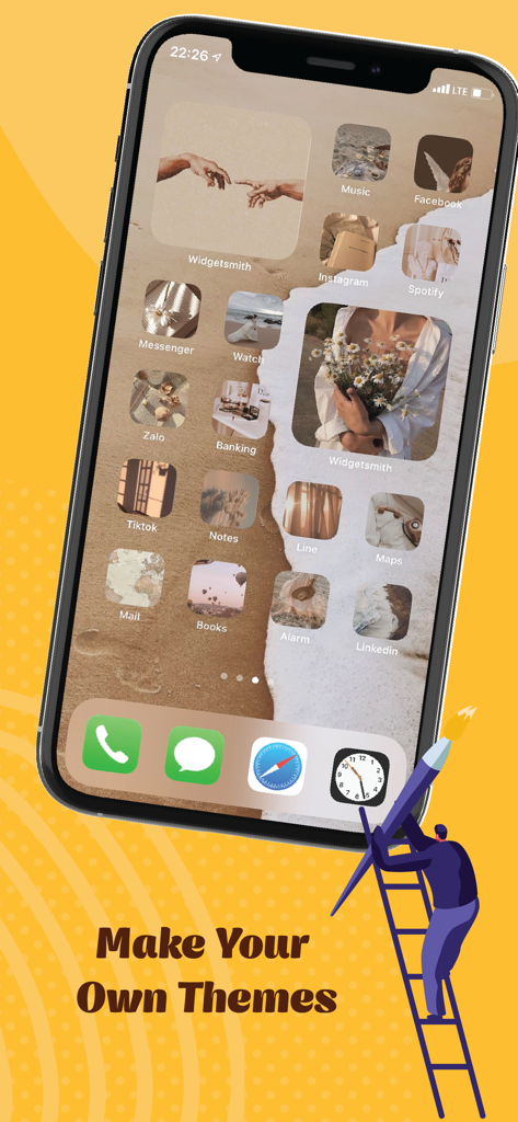 Ein angepasster iPhone Home Screen mit einem beigen ästhetischen Thema mit personalisierten App-Icons und Widgets