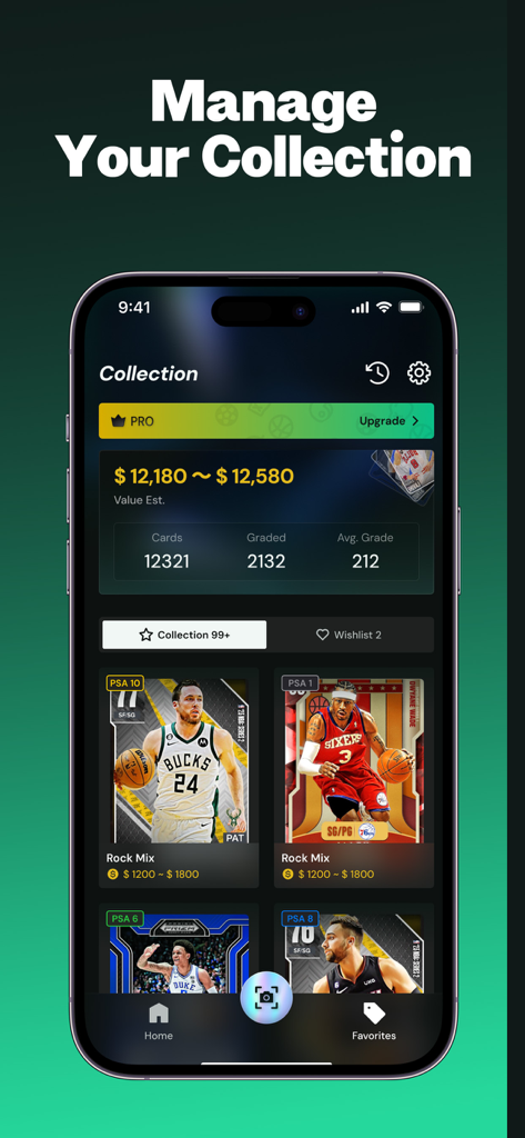 CardSnap - Sports Card Scanner - Interface of the CardSnap app showing a managed sports card collection with estimated market value and portfolio statistics