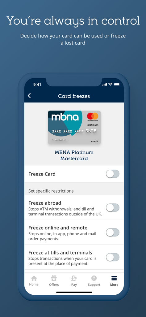 MBNA mobile app screen showing card freeze options and security controls for a credit card