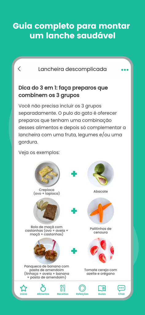 Healthy school lunch combinations guide on the Garfinho mobile app