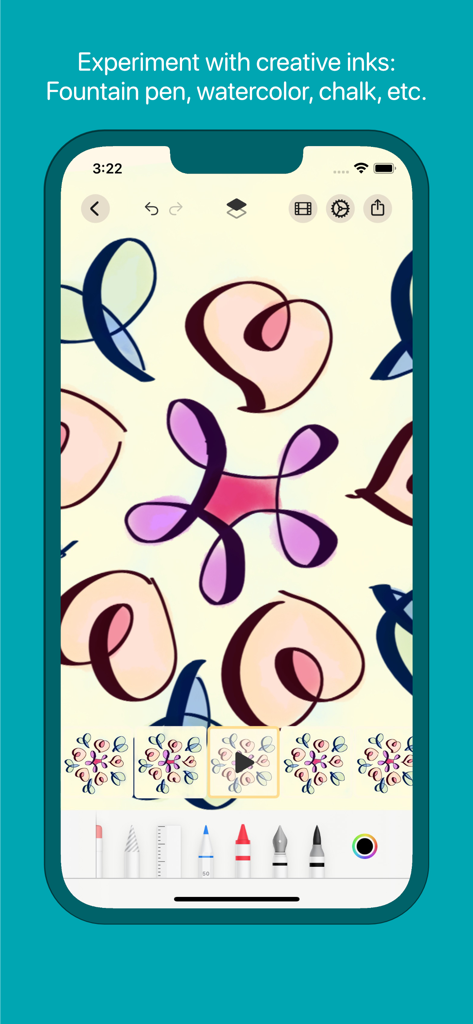 FlipKit app interface featuring creative ink tools like fountain pen and watercolor for animation drawing.