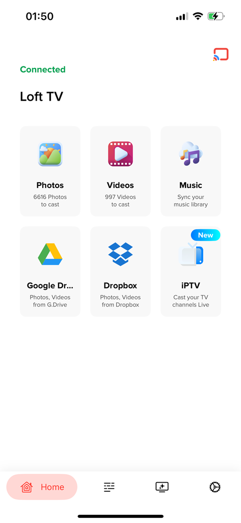Hauptmenü der TV Cast for Google Chromecast App mit Medien-Casting-Optionen für Fotos, Videos und Cloud-Speicher
