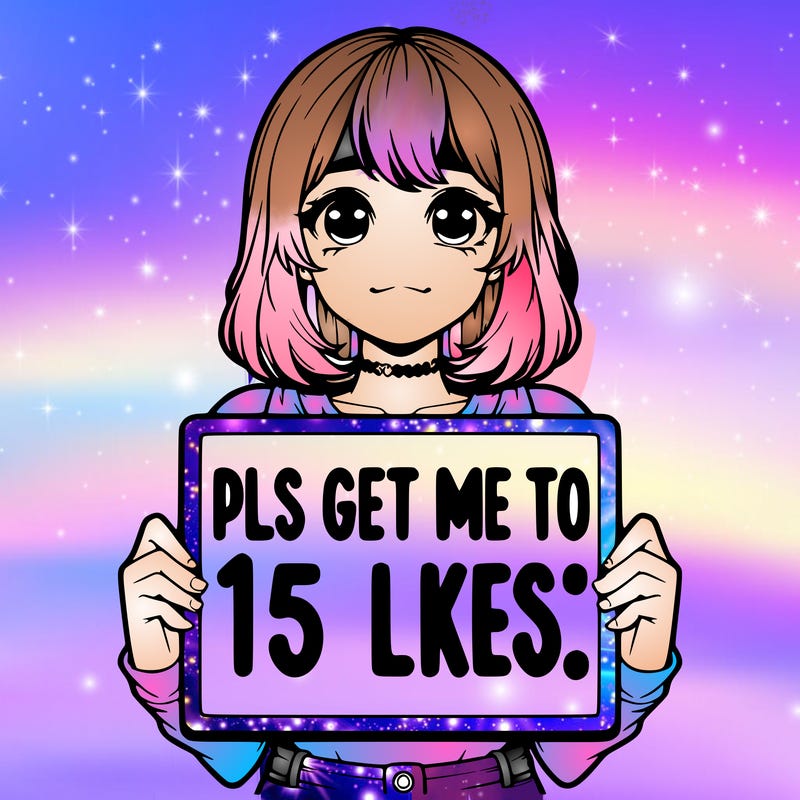 realistic girl holding up a sign that says “pls get me to 15 likes!”