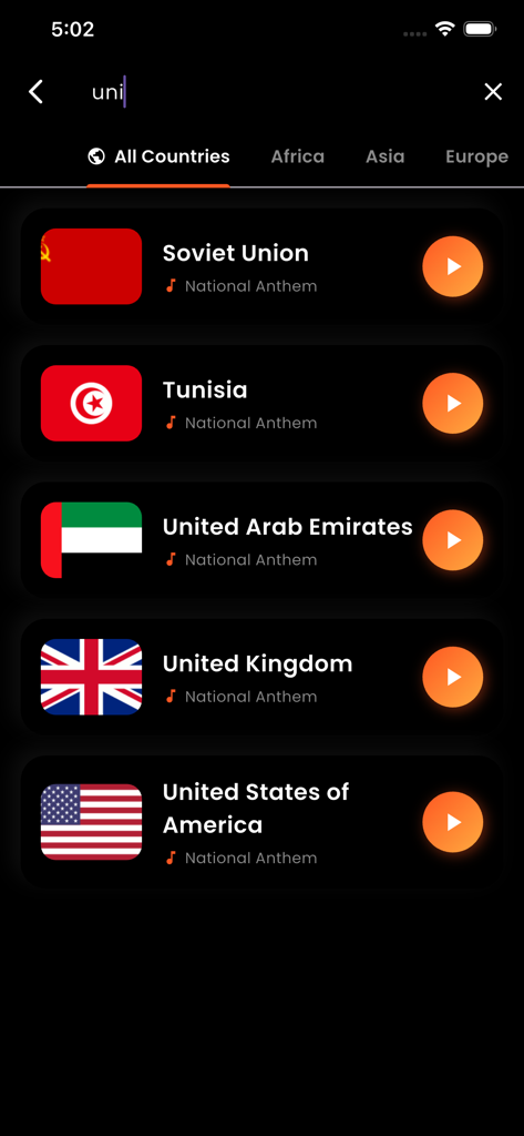 National Anthem Songs - Search results screen in the National Anthem Songs app displaying a list of countries including the USA and UK with their flags and play buttons