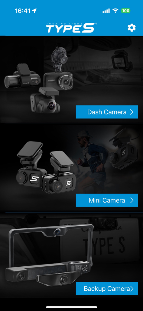 TYPE S Drive app home screen showing selection categories for Dash Camera, Mini Camera, and Backup Camera products.