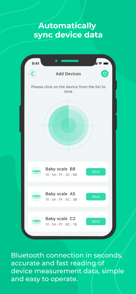 iMoni Health - track your body - iMoni Health app screen showing Bluetooth device syncing and baby scale connection interface.