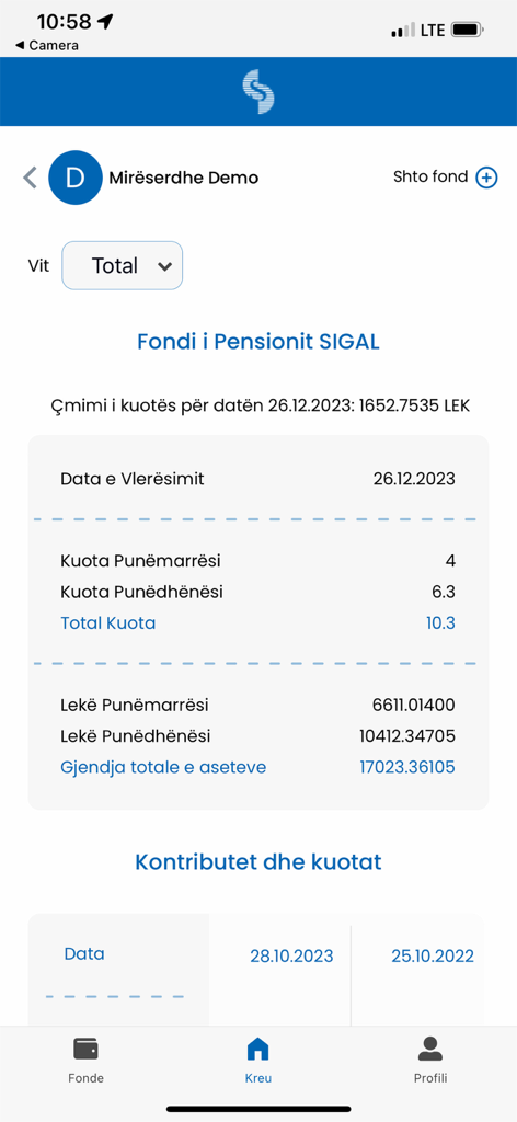 Dashboard of the Sigal Fond Pension app displaying pension fund status, quotas, and total asset value in Albanian LEK