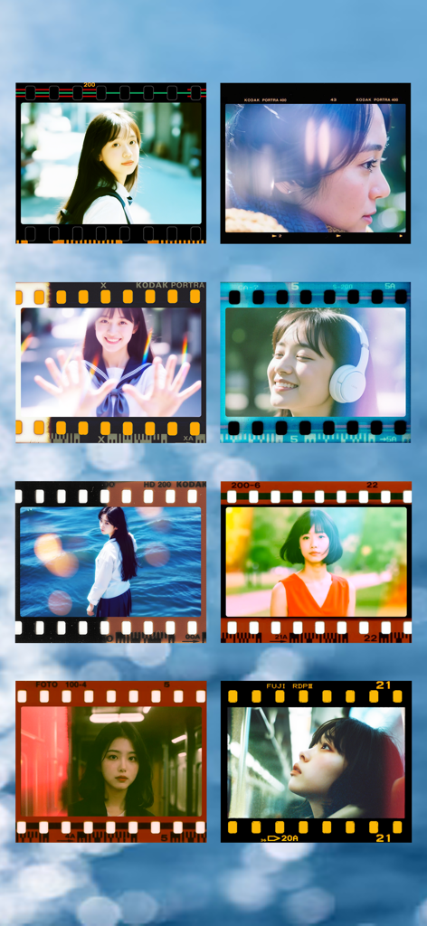 本物のヴィンテージ35mmフィルムフレームとライトリーク内に表示されたポートレート写真のコレクション。