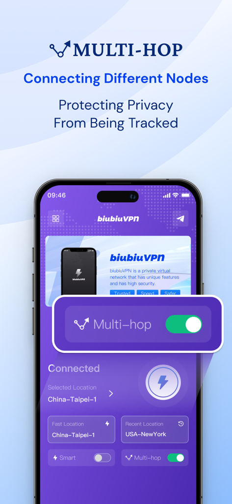biubiuVPN : VPN - biubiuVPN app interface showcasing the Multi-hop feature for privacy and tracking protection.