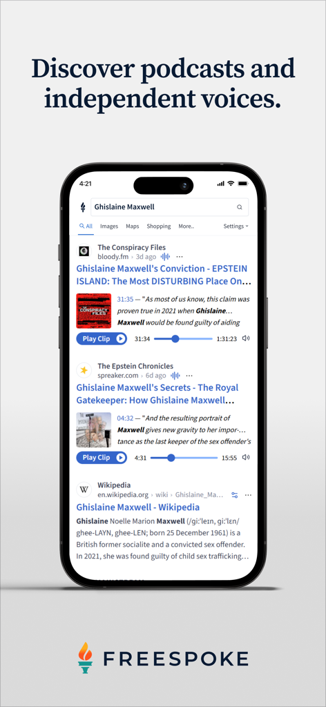 Freespoke - Search & Discovery - Freespoke app search interface displaying podcast results and independent media sources.