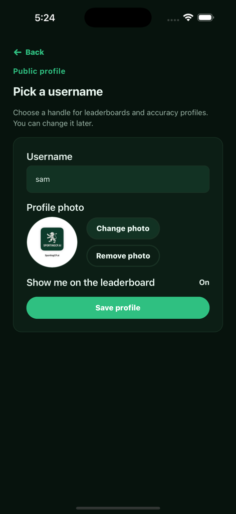SportingCP.ai - A tela de criação de perfil público do aplicativo SportingCP.ai onde os usuários podem escolher um nome de usuário e definir uma foto de perfil.