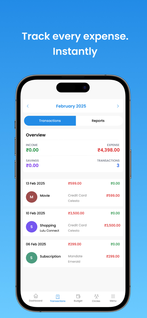 Nexpenz: Smart Money Manager - Interfaz de la aplicación Nexpenz mostrando una lista detallada de transacciones y un resumen de gastos mensuales.