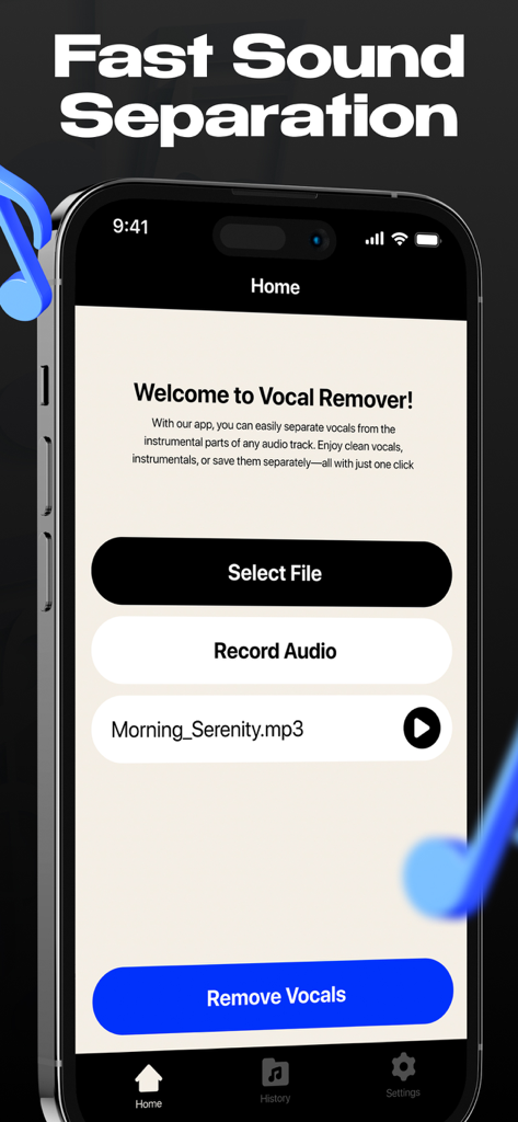 Tela inicial do aplicativo Removedor Vocal IA mostrando opções para selecionar ou gravar áudio para separação de som.