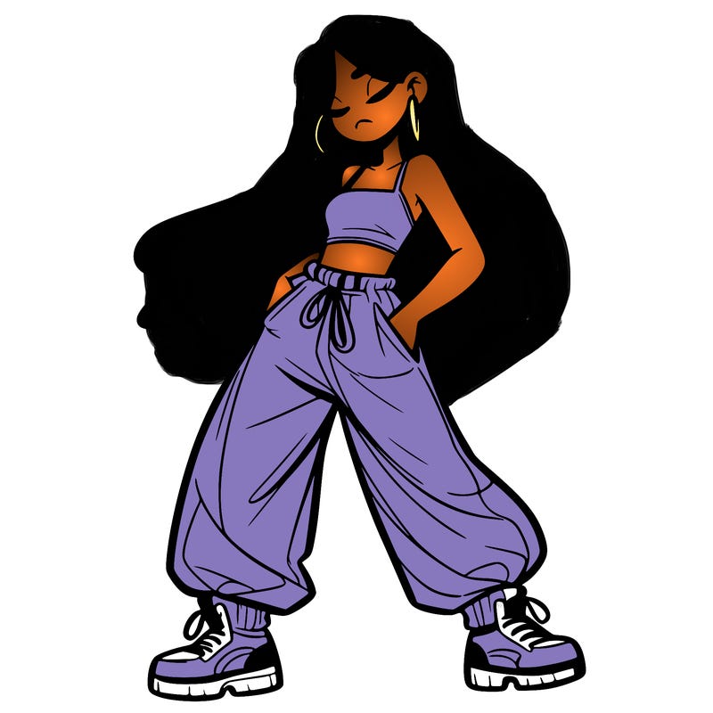 girl in baggy pants crop top and long hair