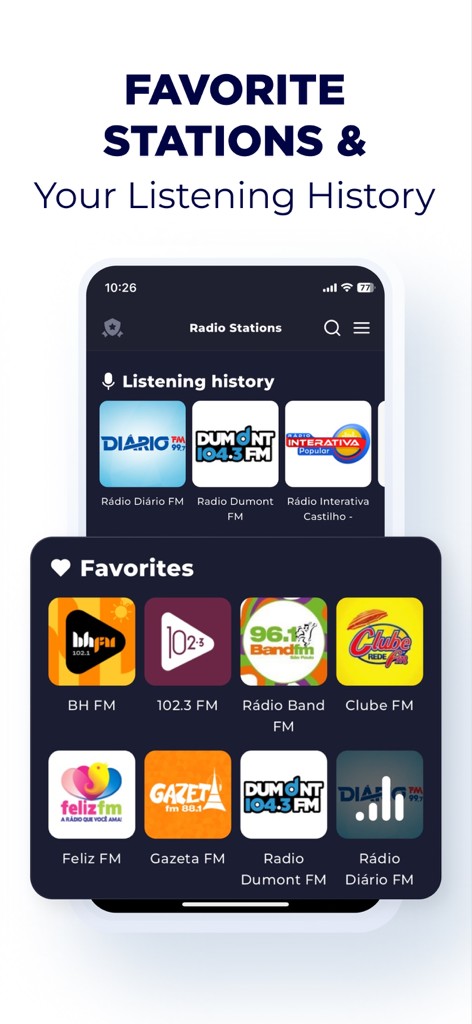 Screenshot of the Radio Brazil app showing sections for favorite stations and listening history with various station logos.