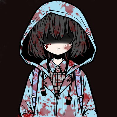 little anime girl in a raincoat her hair is covering her eyes she has a lighter