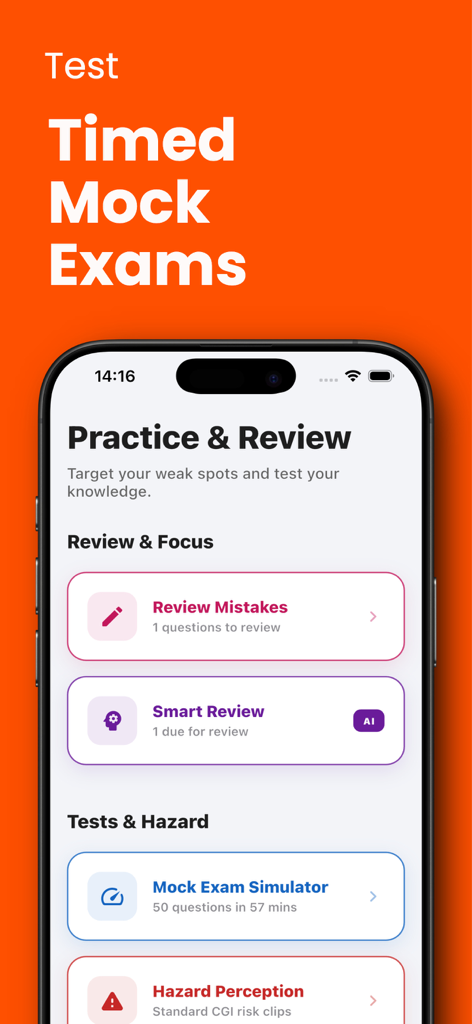 Driving Theory 2026 Test Kit - Painel do aplicativo móvel para preparação do teste de teoria de condução do Reino Unido com exames simulados e treinamento de perceção de perigo