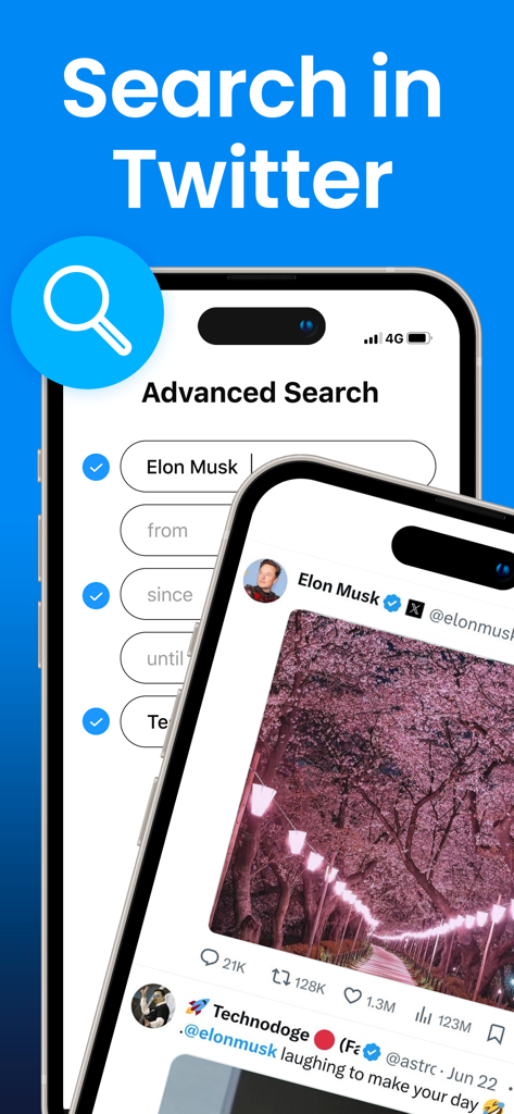 Capture d'écran de l'interface de recherche avancée dans l'application TwitterIt pour Twitter X montrant les filtres de recherche et les résultats