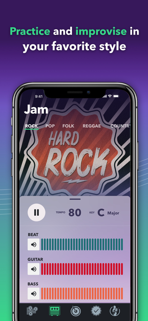 Guitar Tuner Easy tune chords - Captura de pantalla de la aplicación CoachTuner que muestra la interfaz de una pista de jam de Hard Rock con ajustes de tempo y tono para la práctica musical.