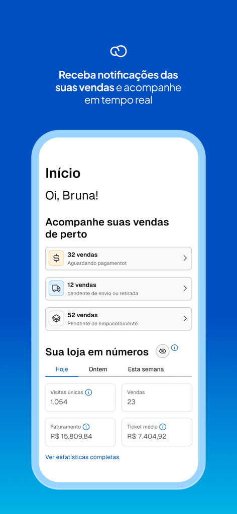 A screenshot of the Nuvemshop app home screen showing a real time sales dashboard and business metrics for an online store