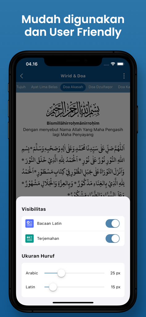Wirid Sakran & Nurbuat - User interface of the Wirid Sakran app displaying options to toggle Latin transliteration and adjust font size for Arabic text