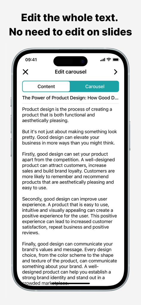 Tela do celular mostrando o recurso de editor de texto para criar carrosséis para o Instagram