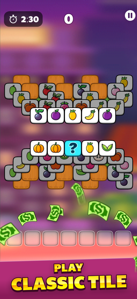 Tile Match - Win Cash - Gameplay screen of Tile Match puzzle game featuring fruit tiles and falling dollar bills