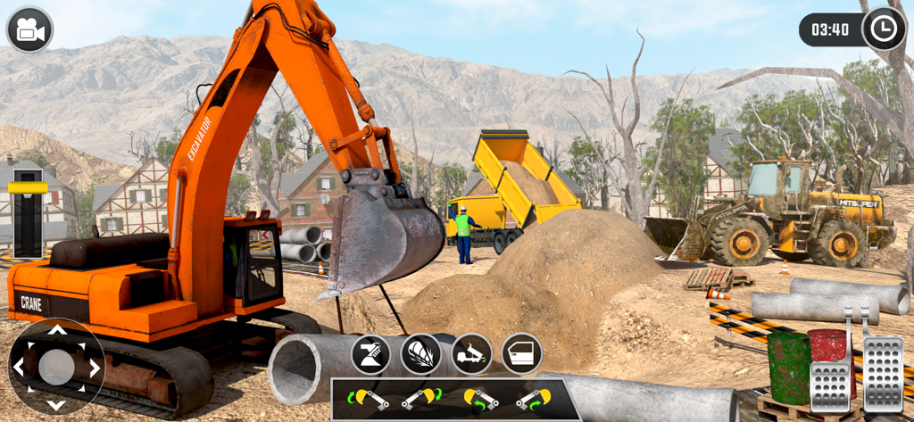 Construction Excavator Games - Orangefarbener schwerer Bagger und gelber Muldenkipper arbeiten auf einer 3D-Baustellen-Simulator-Baustelle