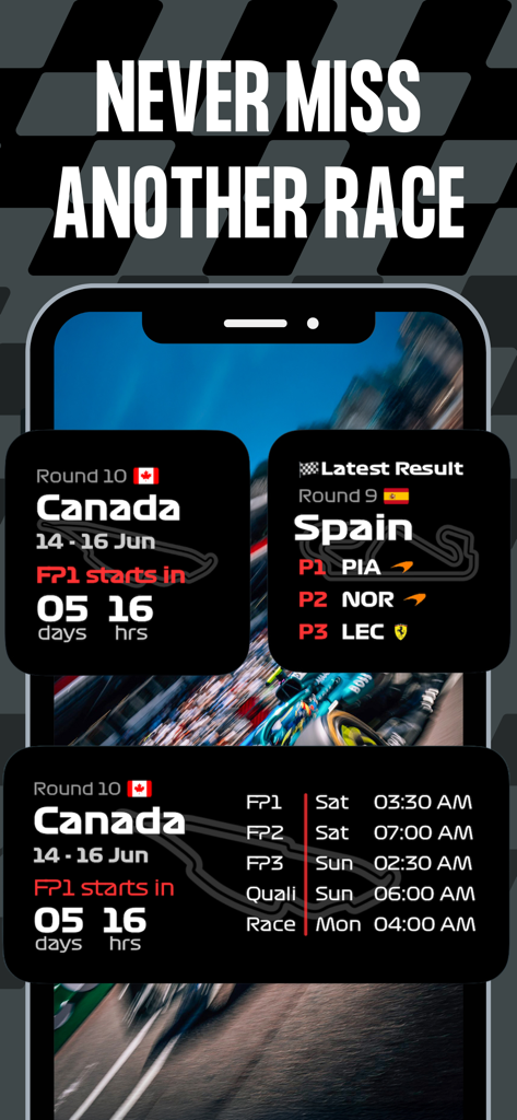 F1 race countdown and results widgets on an iPhone screen