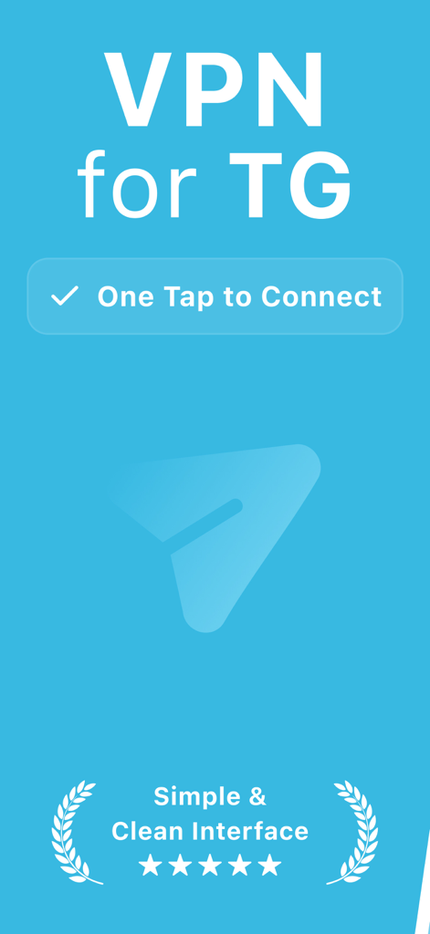 VPN app for TG 2026 - Pantalla promocional de la aplicación VPN para TG que destaca la conexión de un toque y una interfaz limpia y sencilla con una calificación de cinco estrellas.
