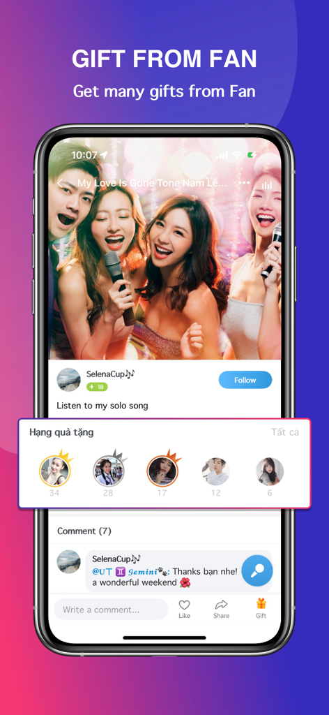 Mobile interface of the Hakara karaoke app showing the fan gift and social engagement features.