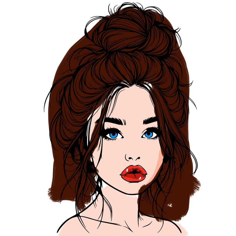 realistic girl with a messy bun and she has lips